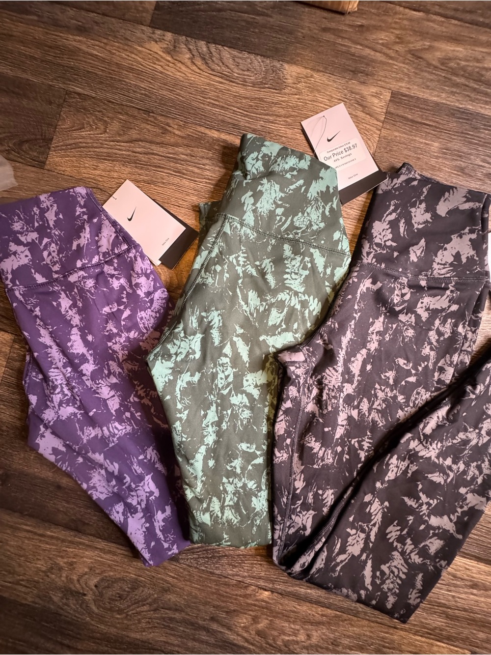 Nike Women’s Printed Leggings in Purple, Green, and Charcoal